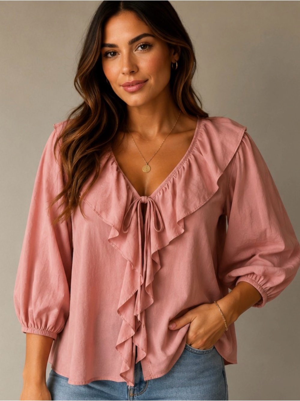 NWT Ruffle Tie Front Blouse Romantic Boho Cottagecore Pink Top